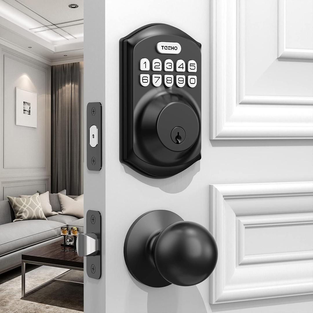 TEEHO TE001K Keyless Entry Door Lock with Handle, Electronic Keypad Deadbolt with 2 Knobs, High-Security Front Door Handle Set for Home & Rental, Smart Auto-Locking, Easy Install, Matte Black