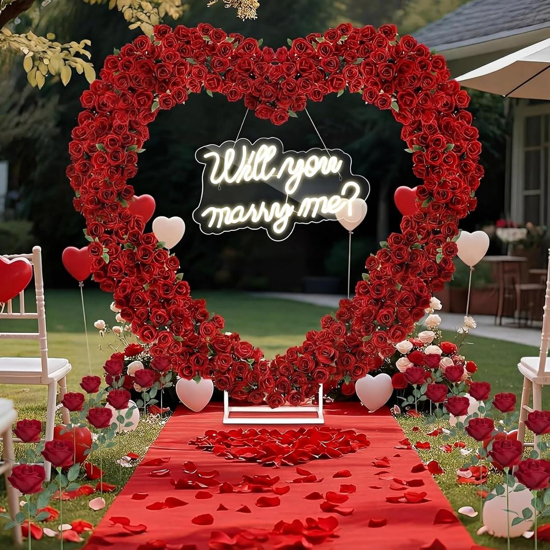 Proposal Decorations Kit Will You Marry Me LED Neon Light Metal Heart Stand Carpet 2000 Rose Petals 30 Artificial Roses for Proposal Engagement (Rose on The Stand Not Include)(Red)