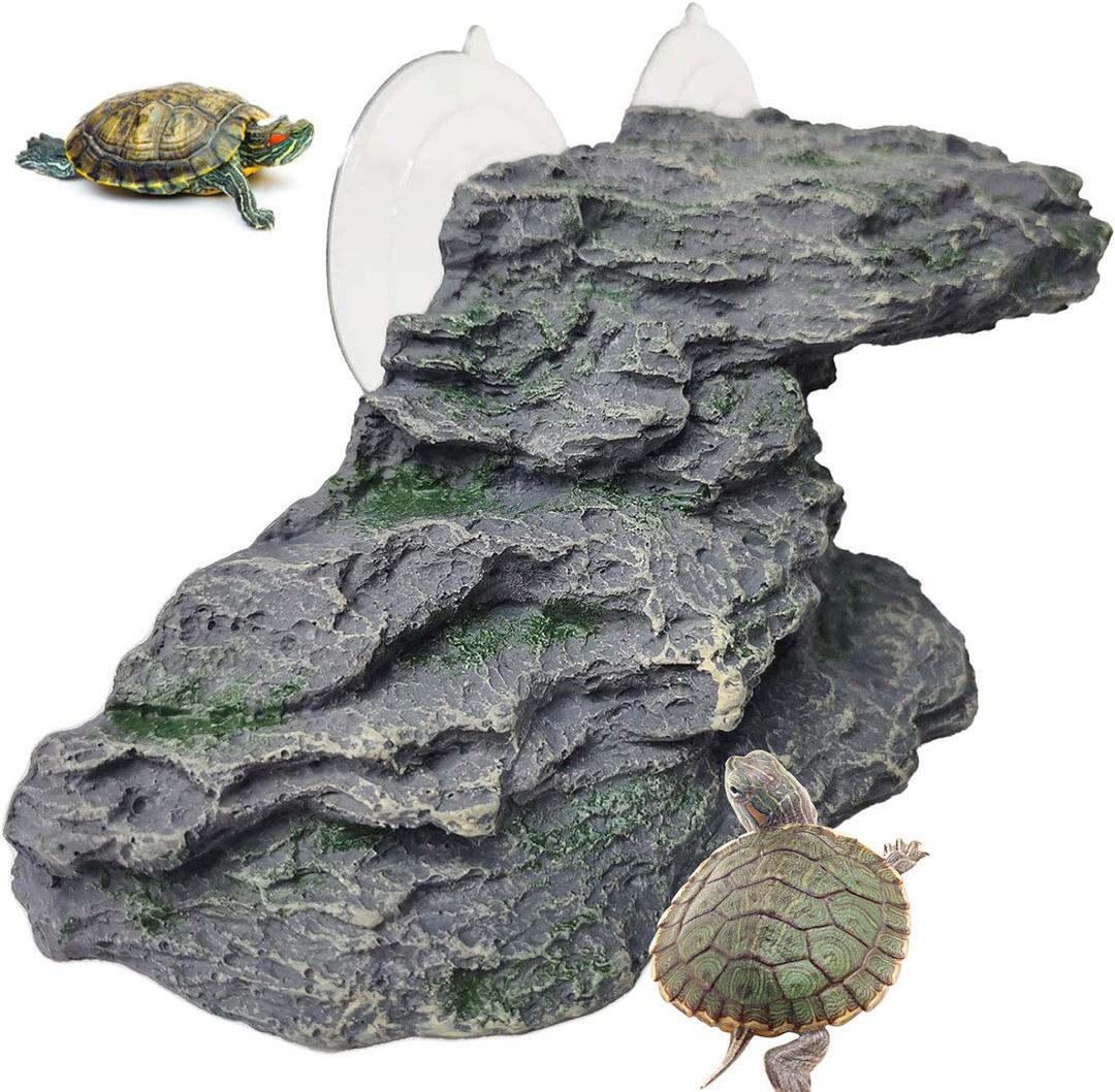Turtle Basking Platform Reptile Climbing Shale Resin Step Ledge Stone Aquarium Ornament Rock Landscaping Decoration with Suction Cups for Frogs Newts Amphibians Lizard (Medium:8.2Lx3.3Wx3.1H)