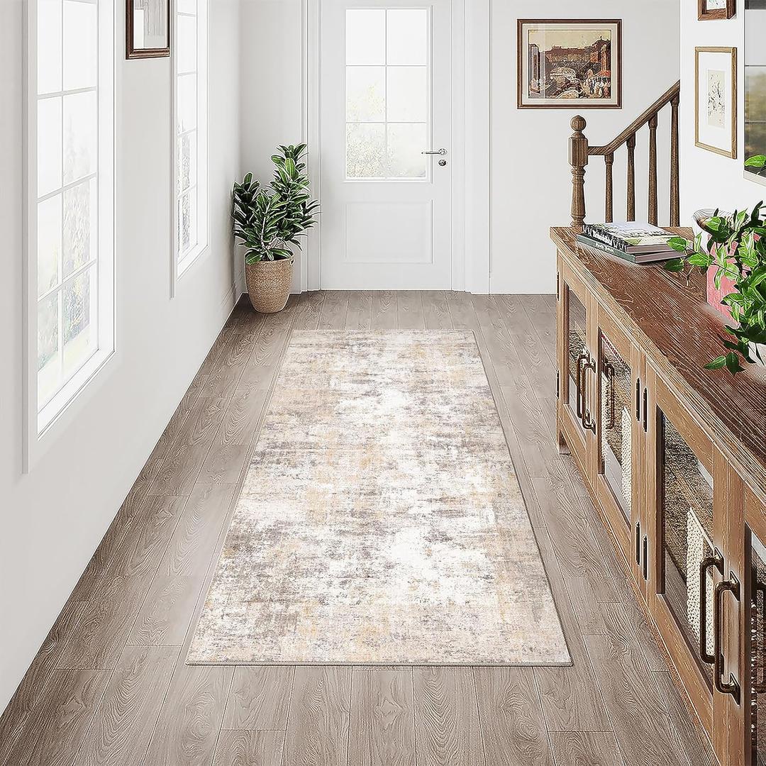 WondRg 2x5 Washable Runner Rug Beige Grey Abstract Hallway Kitchen Throw Rug Neutral Modern Non Slip Soft Low Pile Carpet for Bathroom Laundry Bedroom Living Room