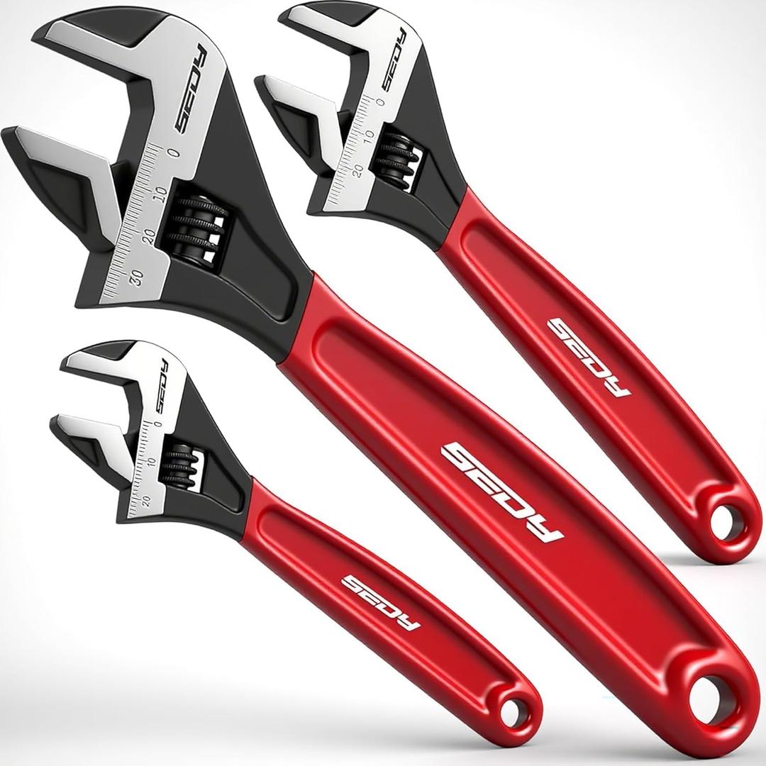 SEDY Adjustable Wrench Set Pipe Spanner: 6" 8" 10" Wide Jaw Black Oxide Wrench With Cushion Grip, Laser Marked Metric & SAE Scales, CR-V Steel for Professional