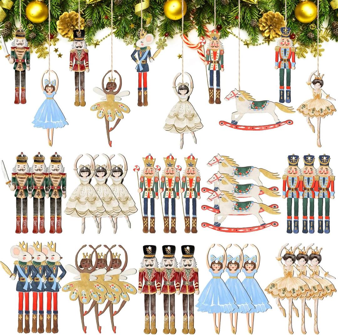 Gerrii 40 Pieces Wooden Christmas Ornaments Hanging Decor Christmas Wooden Flat Ornament for Xmas Tree Decor(Vintage Nutcracker Princess Ballet Mouse King Soldier)