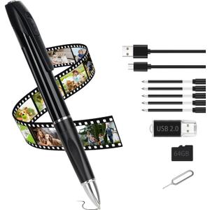 64GB Mini Camera Pen Camera, HD 1080P Small Security Camera, 64GB Rechargeable Nanny Cam (Premium Black)