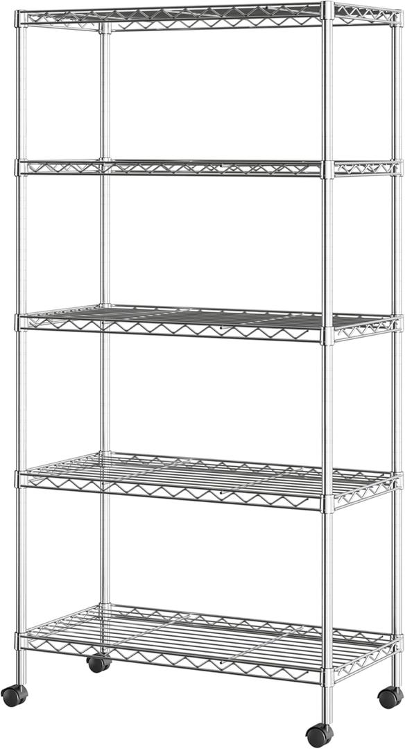 Seville Classics 5-Tier Wire Shelving with Wheels, 5-Tier, 30" W x 14" D (NEW MODEL), Chrome Plating, Plated Steel