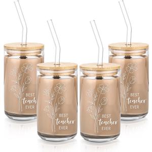 Skylety 3 Sets 16 oz Teacher Glass Cups with Lids and Straws Drinking Glasses Tumbler Can Shaped Glass Coffee Cups Thank You Teacher Appreciation Gift Quotes Sign Mug Bottle for Beer Water Tea