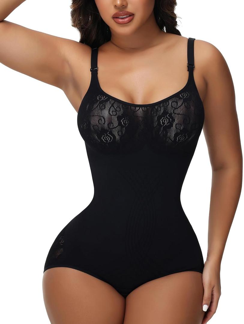 SHAPSHE Shapewear Bodysuits for Women Tummy Control Body Shaper Seamless Sculpting Snatched Low Back Waist Body Suit (Large, Black)