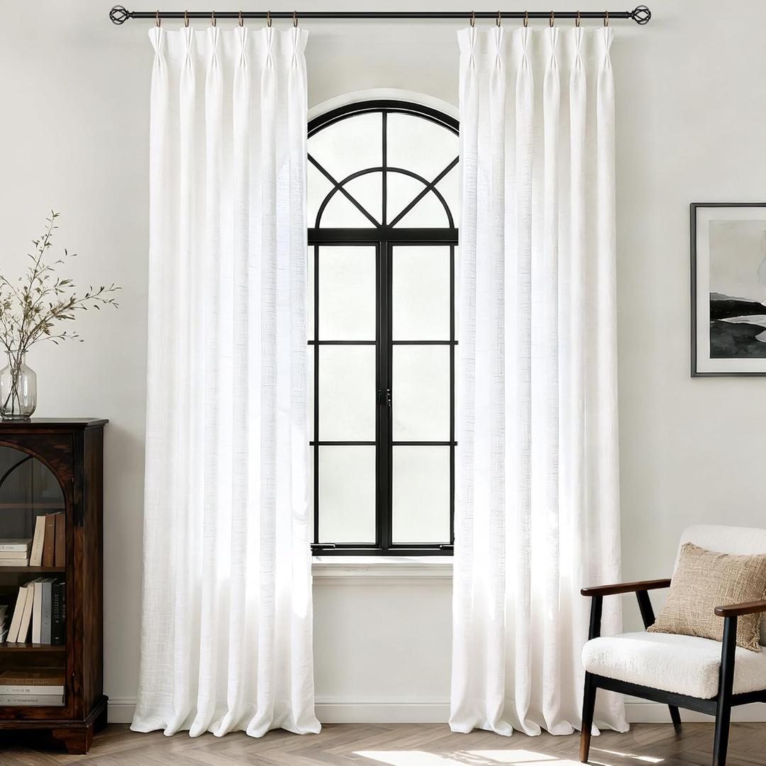 White Pinch Pleat Linen Curtains 84 inch Long 2 Panels Set for Living Room Modern Elegant Light Filtering Semi Sheer Coastal Decor Cotton Textured Gauze Curtain Triple Pleated White Drapes 84 Length
