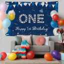 JOYKY Happy 1st Birthday Banner, Blue Silver Happy 1st Birthday Party Decorations for Boys, One 1 Year Old Supplies Backdrop Dcor, 5.9 X 3.8 Fts