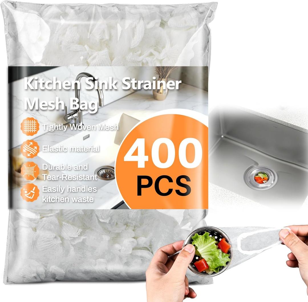 RAINFLOW 400 Pack Kitchen Sink Strainer Mesh Bag - Disposable Sink Drain Covers,Kitchen Essentials Sink Filter Nets, Anti-Clogging Sink Drain Strainer Collecting Leftovers, Hair, Debris