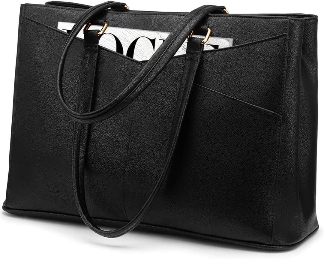 LOVEVOOK Laptop Tote Bag for Women 15.6 Inch Waterproof Leather Computer Bags Business Office Work Briefcase Black