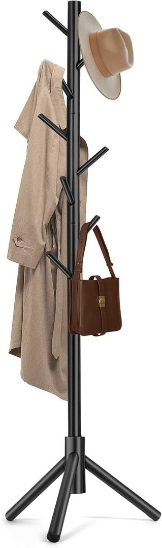Solid Wooden Coat Rack Freestanding, New Zealand Pine Coat Tree with 8 Hooks & 3 Adjustable Sizes for Coats, Hats, Handbags and Scarves, Space Saving for Entryway/Office/Bedroom (Black) (1 PC)