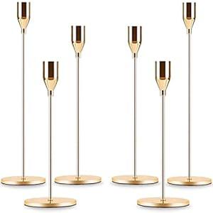 Gold Taper Candle Holder Set of 6, Brass Gold Tall Candlestick Holders, Metal Vintage Candle Stickers Long Holder Set, Pillar Decorative Candle Holder Fits 3/ 4 Inch Candle