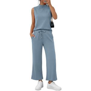 Casly Lamiit Womens 2 Piece Sets Sleeveless Mock Neck Summer Lounge Sets Wide Leg Crop Pants 2026 Vacation Travel Outfits (Large, Blue Grey)