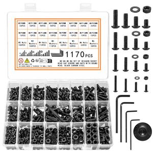 1170 Pcs M3 m4 m5 m6 Metric Bolts and Nuts Assortment, Assorted Hex Socket Button Head Cap Screws and Nuts and Washers Kit, Machine Screw Assortment Kit, Black Hex Nuts and Bolts and Washers