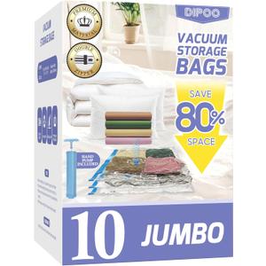 10 Pack Jumbo Vacuum Storage Bags with Hand Pump, 80% Storage Space Saving, Sturdy Leak-Free Space Saver Vacuum Seal Bags for Clothing, Vacuum Compression Bags for Travel Lugggage Blankets Comforters (10 Jumbo)
