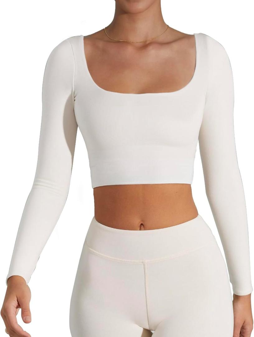 Women's Basic Long Sleeve Square Neck Crop Top Double Lined Slim Fit T-Shirt, S, White