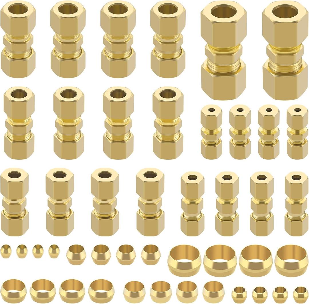 46pcs Brass Compression Tube Pipe Fittings Assortment Kit,1/8" 3/16" 1/4" 5/16" 3/8" 1/2" OD Compression Union Connector & Compression Sleeves Ferrules