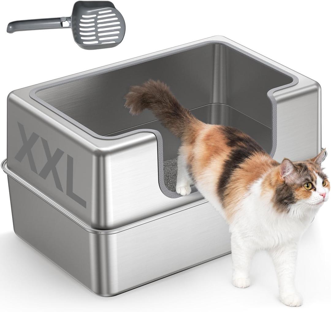 Non-Stick Entirely Stainless Steel Litter Box Splash-Proof & Leak-Proof,PETALPAW Seamless Seal, High-Sided, Cat Litter Box with Lid for Multi-Cats, Easy-Clean & Durable, 24.4*16.5*11.8inch(L*W*H)