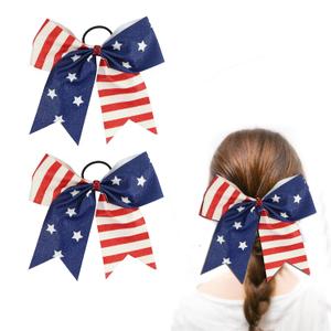 2Pcs American Flag Glitter Ribbon Cheerleading Bows Large Cheer Hair Bows Elastic Bands Handmade Ponytail Holder for 4th of July Independence Day 