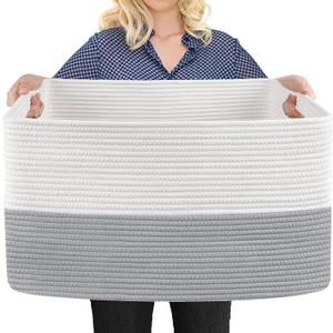 Extra Large Laundry Basket, Rectangle Woven Cotton Rope Storage Basket with Handles, Wicker Laundry Hamper, Farmhouse Storage Bin for Blankets Clothes Toys, Grey, 22" x 17" x 12"