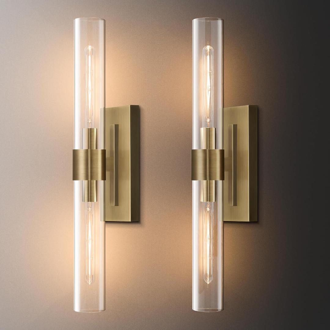 24.3" Brass Wall Sconces Set of 2, Vintage Wall Light Fixture with Clear Glass Shade, Luxury Hardwired Retro Wall Sconce for Bathroom Vanity, Living Room, Bedroom, Hallway Tube Indoor Sconce 24.3" Brass Wall Sconces Set of 2, Vintage Wall Light Fixture with Clear Glass Shade, Luxury Hardwired Retro Wall Sconce for Bathroom Vanity, Living Room, Bedroom, Hallway Tube Indoor Sconce