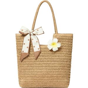 Straw Tote Bag for Women, Large Summer Beach Bag with Polka Dot Scarf & Plumeria Flower (Brown)