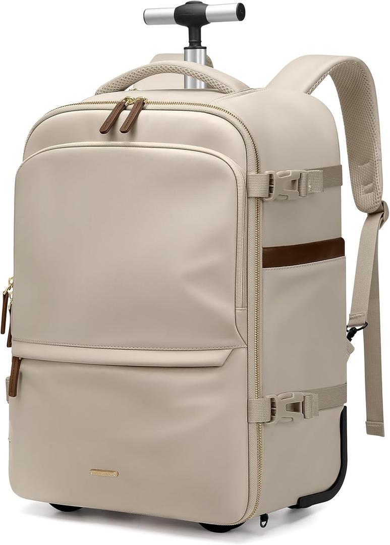 GOLF SUPAGS Rolling Backpack for Women 17 Inch Convertible Travel Laptop Backpack with Wheels, 32L Carry On Business Luggage Daypack Water-Resistant Rolling Bag for Work Short Trips (Apricot)