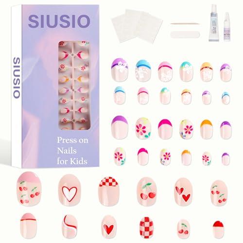 SIUSIO 3Pack Children Acrylic Fake Nails, 72pcs Press on Full Cover Cherry French Tips Short Almond False Nail Art Kits Set with Sticker Tabs Nail Glue Gel for Kids Little Girls Women - Floral Cherry