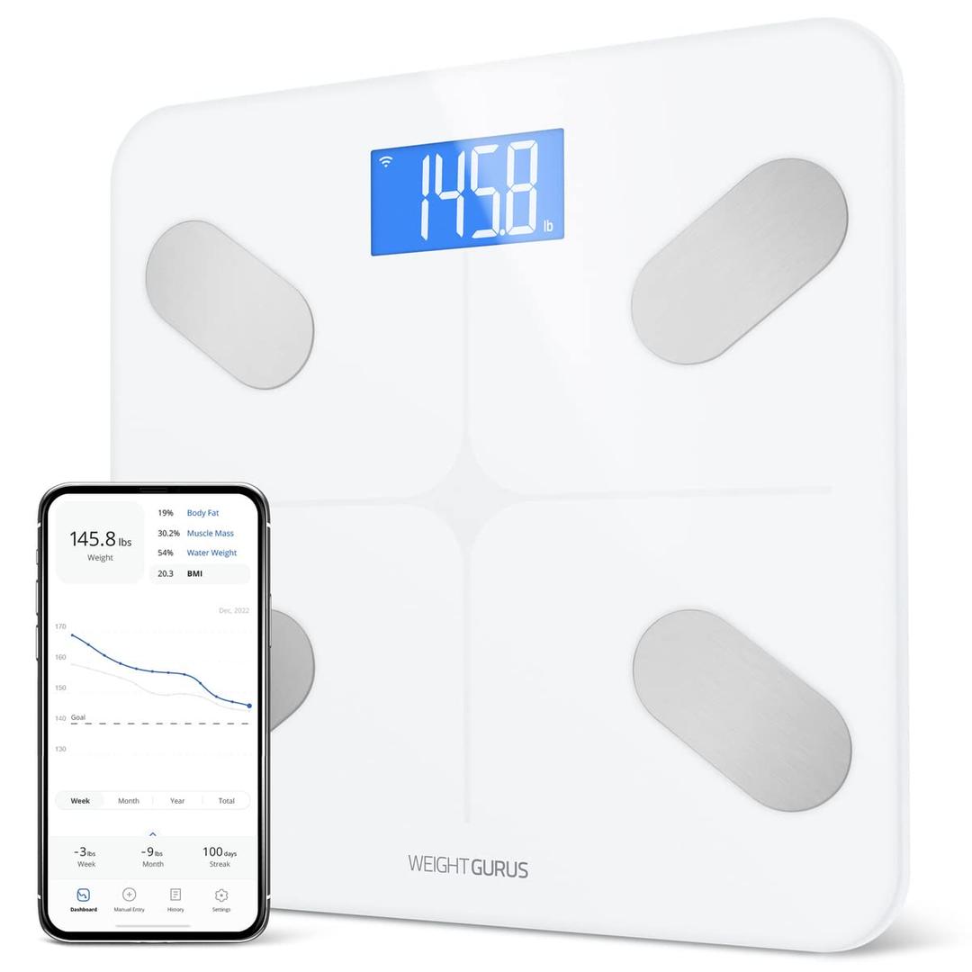 Greater Goods WiFi Bathroom Scale, Measures Weight, BMI, Body Fat, Muscle Mass, and Water Percentage, Upto 8 Users, 400 Ibs, White