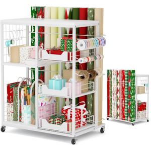 LUCKUP Rolling Wrapping Paper Organizer Cart Gift Wrap Storage with Wheels, 20 Roll Holders, 3 Drawers & Ribbon Dispenser, Craft Organizer for Christmas, Birthdays, White