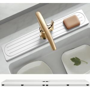 Faucet Mat for Kitchen Sink with Raised Feet, Stone Sink Mat Quick Dry around Faucet, Water Absorbent Stone Tray, Sink Splash Guard & Protectors, Stone Drying Mat for kitchen Counter (23.7" x 4", White Gray Style 1)