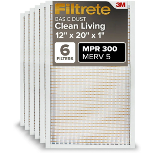 Filtrete 12x20x1 Air Filter, MPR 300, MERV 5, Clean Living Basic Dust 3-Month Pleated 1-Inch Air Filters, 6 Filters