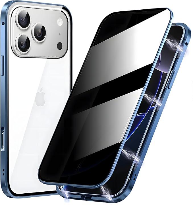 Metal Titanium Frame Privacy Case for iPhone 17 Pro, Privacy Screen Protector, Magnetic Adsorption with Safety Buckle Lock, Double Side Tempered Glass, Clear Back Full Body Protection Anti Peep Cover