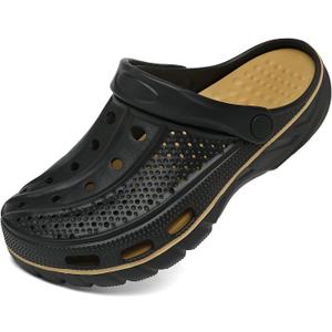 ChayChax Men's and Women's Arch Support Clogs Garden Shoes Slip-on Outdoor Beach Water Sandals with Removable Cushion Footbed (8-9 Women/6.5-7.5 Men, Black Gold)