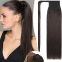 S-noilite Wrap Around Ponytail Extension Human Hair #2 Dark Brown Ponytail Extensions Real Remy Hair 22inch Long Straight Clip in Human Pony tail for Women 95Grams