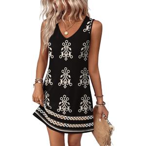 Summer Dresses for Women 2026 V Neck Sleeveless Lace Boho Dress Elegant Classy Spring Beach Vacation Outfits (Medium, Black Printed)