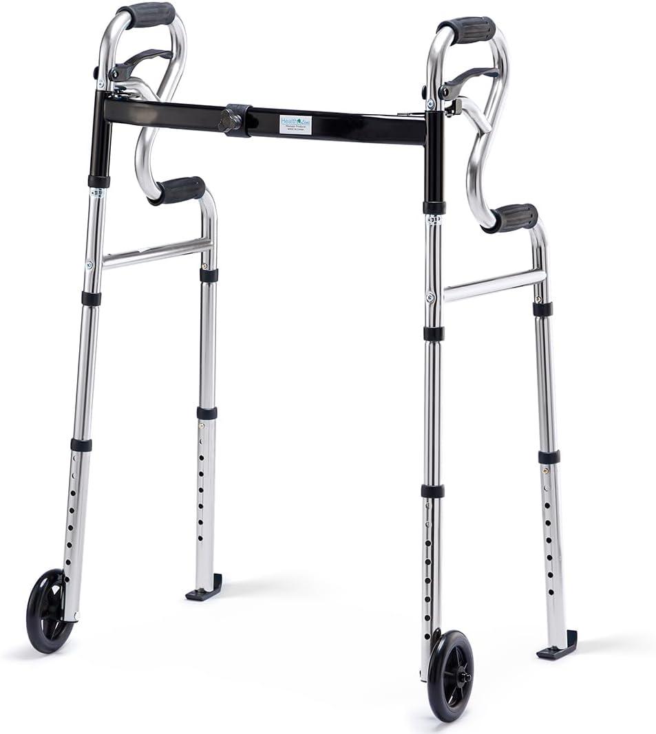 Walkers for Seniors with 5 Front Wheels by Health Line Massage Products, Width Adjustable Compact Standard Walker Support Up to 350lbs, Quick Folding 2 Wheels Walker for Seniors, Adults Sliver (Silver)
