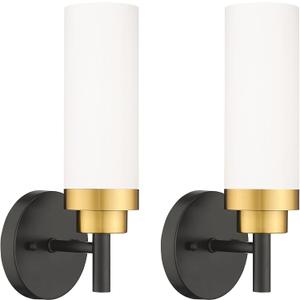 Emak Modern Wall Sconce, Black Gold Bathroom Light Fixtures with Milk Glass Shade, 2 Pack Wall Lamp for Bathroom, Bedroom, Living Room, Hallway, WS085-BKBGD-ML-2PK (13 inch - 2PC)