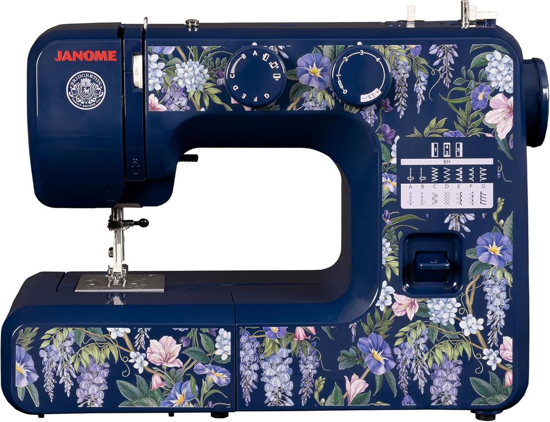 Janome Wisteria Promenade Easy-to-Use 15-Stitch Sewing Machine Officially Licensed Bridgerton Collection (Indigo)