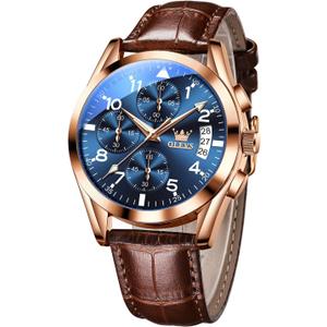 OLEVS Men's Casual Leather Watch, Big Face Chronograph Watch for Men, Fashion Easy to Read Dress Watch, Men's Waterproof Luminous Date Analog Watch, Gold/Black/White/Blue Dial