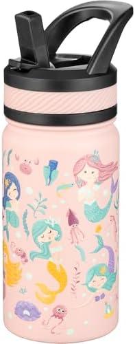 Fanhaw 14 Oz Kids Insulated Water Bottle with Straw - Stainless Steel Double Wall Vacuum Cup, Leakproof, BPA Free, Suitable for Boys and Girls(Pink - Sweat Mermaids)