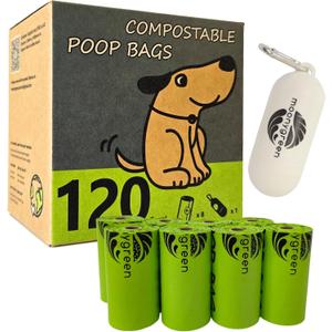 Dog Poop Bag with Holder, Compostable Dog Bags for Poop, Vegetable-Based Doggy Poop Bags, Eco-Friendly, Unscented, Extra Thick and Leak Proof, 120 Counts, 10 Rolls, 9 x 13 Inches