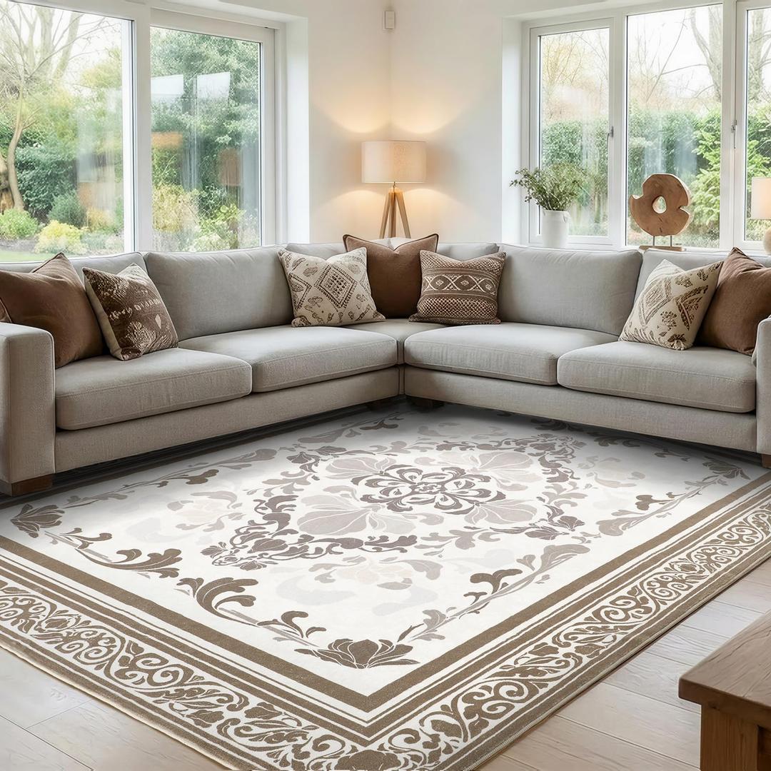 SOULFUL Medium Pile 8x10 Rugs for Living Room - Soft Foot Feel Large Area Rug - Brown Boho Floral - Washable Non-Slip - Perfect for Bedroom Kids Room Under Dining Table Office