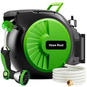 Retractable Garden Hose Reel 150FT x 1/2 in, Wall Mount Water Hose Reel for Outside with Auto Rewind, Tangle-Free Guide, 180 Swivel Bracket, Lock at Any Length, High-Pressure Flow, 10-Pattern Nozzle