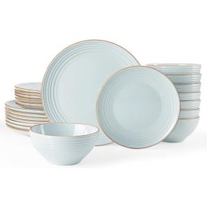 Famiware Jupiter 24-Piece Stoneware Dinnerware Set, Handcrafted Plates and Bowls with Speckles & Embossed Swirls, Chip/Scratch Resistant, Microwave/Dishwasher Safe, Rustic Dishes, Service for 8, Blue