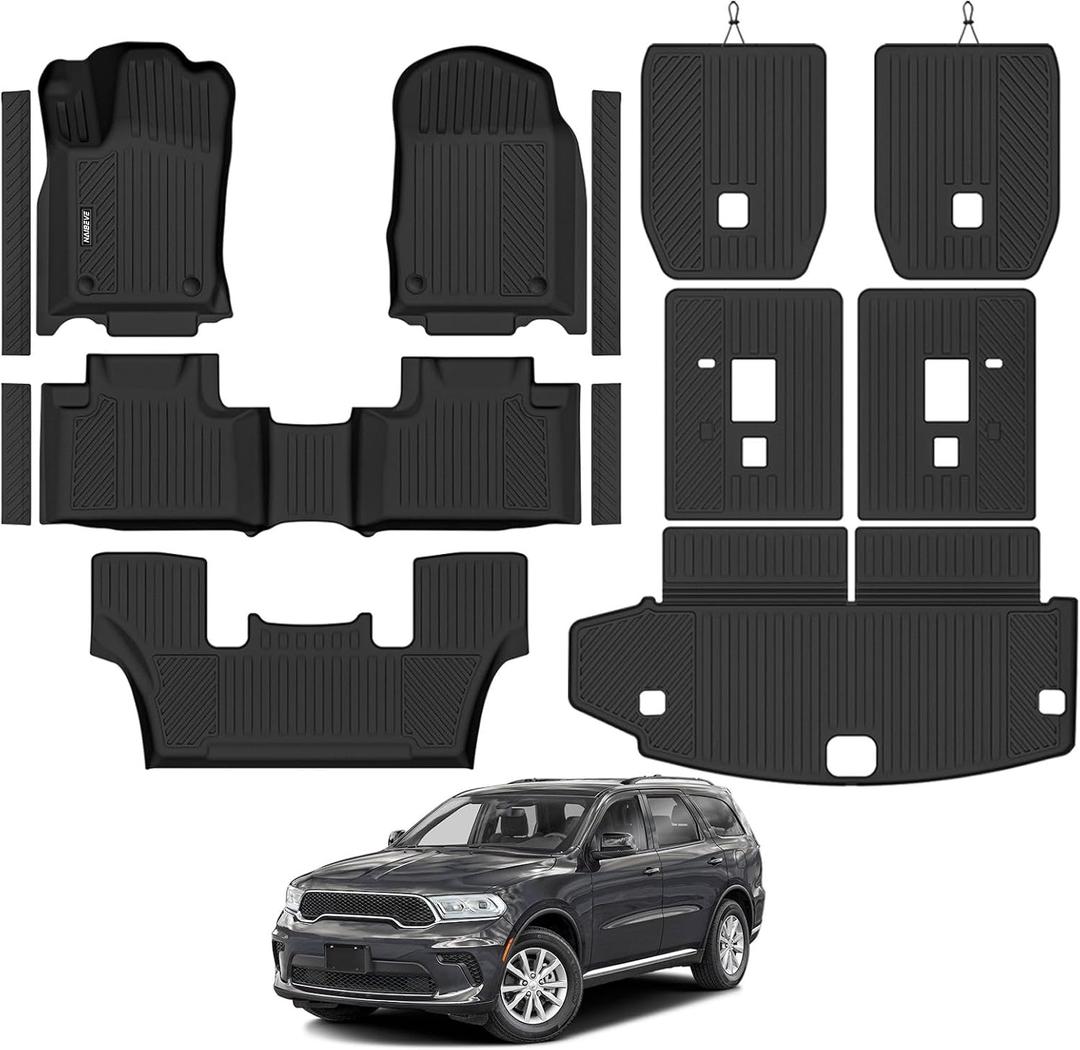 Naibeve Floor Mats for 2016-2025 2026 Dodge Durango 6-Seater (2nd Row Captain Seats) - All Weather for Durango Floor Mats Cargo Mat 2nd & 3rd Row Backrest Mats & Door Sill Guards Interior Accessories