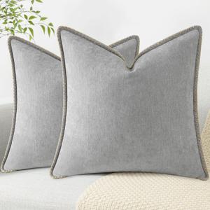 DecorUhome Spring Chenille Soft Throw Pillow Covers 20x20 Set of 2, Farmhouse Velvet Neutral Decorative Pillow Covers with Stitched Edge for Couch Sofa Bed Home Decor, Neutral Gray