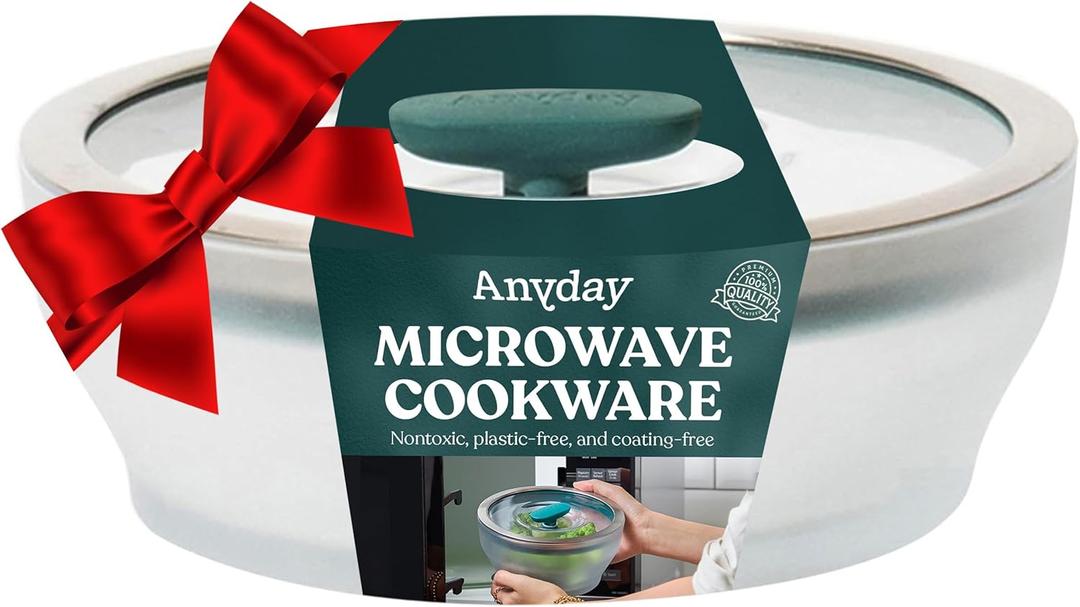 Anyday 4Cup Microwave Cookware & Glass Container with Glass Lid, PlasticFree Deep Food Storage | Stackable Airtight Steamer with Vented Lid for MicrowaveSafe Reheating, Steaming Vegetables & Rice