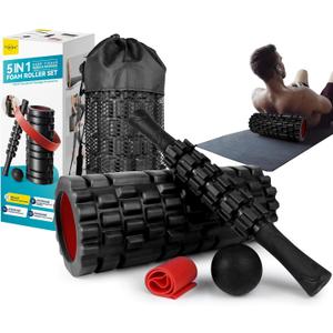 Krightlink 5-in-1 Foam Roller Set - Deep Tissue Muscle Recovery Kit with High Density Exercise Roller, Massage Ball, Resistance Band & Carry Bag for Physical Therapy & Pain Relief (Black)
