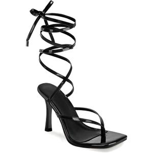 Coutgo Womens Strappy Thong Heels Sandals Sexy Lace up Wrap Ankle Strap Square Toe High Heeled Dress Summer Party Shoes (8, Black)